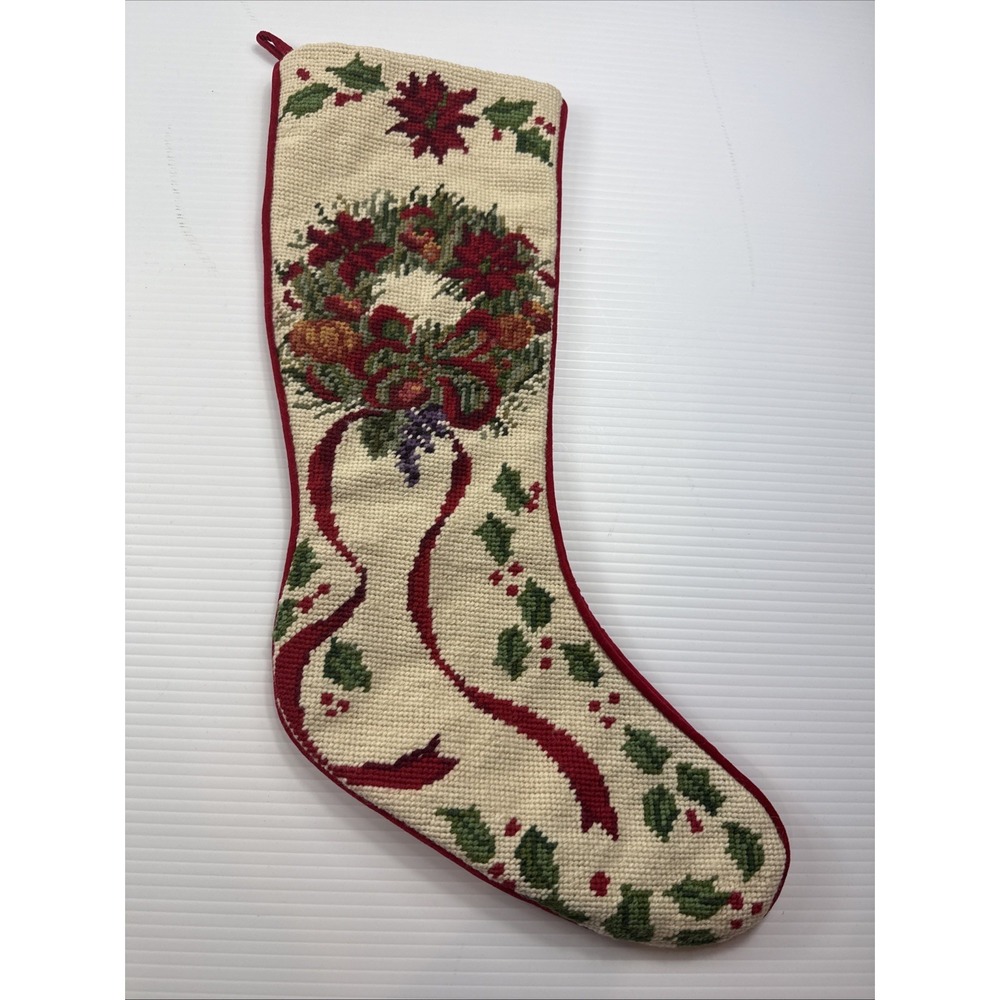Vintage Needlepoint Christmas Stocking Wreath #1 20"